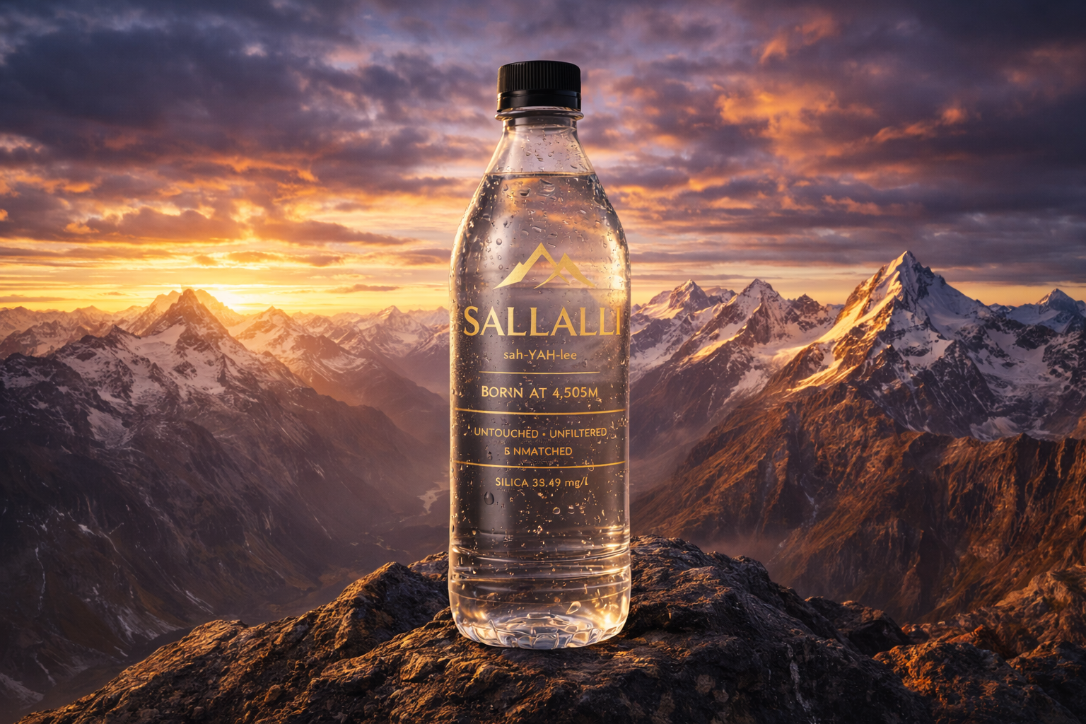 Sallalli bottle against the Peruvian Andes at sunset